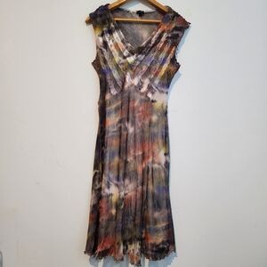 Komarov Women’s Multicolored Abstract Midi Dress Sleeveless V-Neck Made in USA L